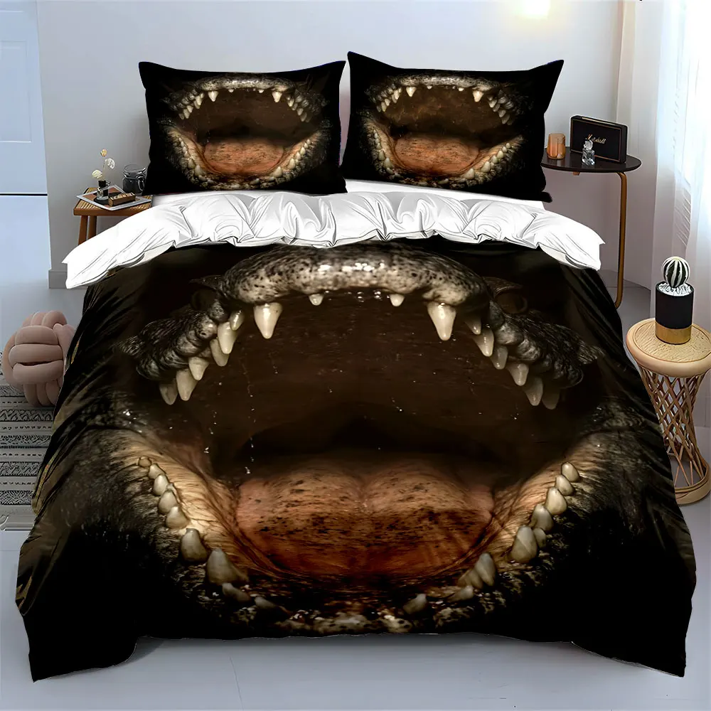 Crocodile with wide-open menacing jaws Print Bedding Set 1 Duvet Cover 2 Pillowcases for Adult and Children Luxury Gift 3