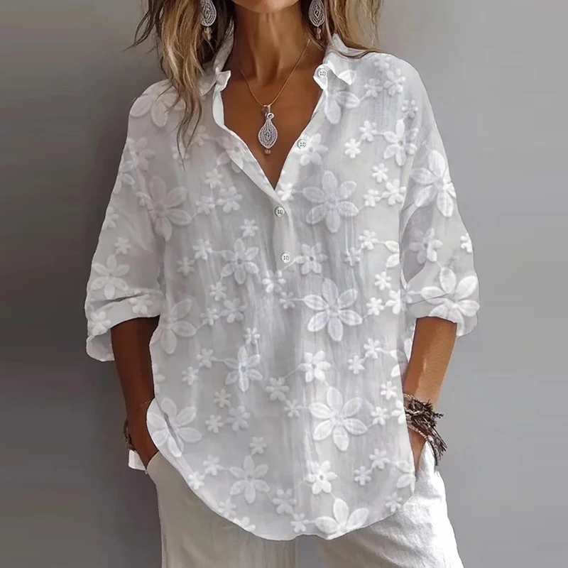 Mode femmes Blouse chemise florale brodée col en V à manches longues chemise femmes bouton hauts chemise décontractée blanc noir