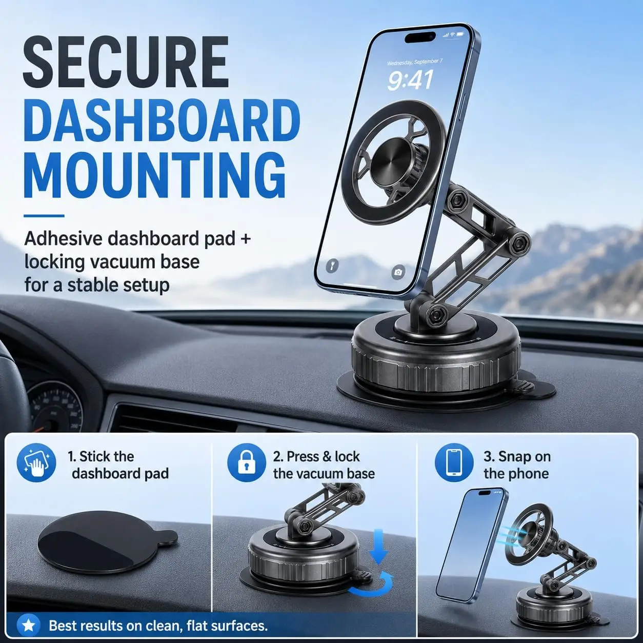 Vakuum- und Magnet-Autotelefonhalterung – 3-Achsen-faltbar 360° ° Armhalterung für Armaturenbrett GPS/Navigation, Universeller Smartphone-Halter – Detail 1
