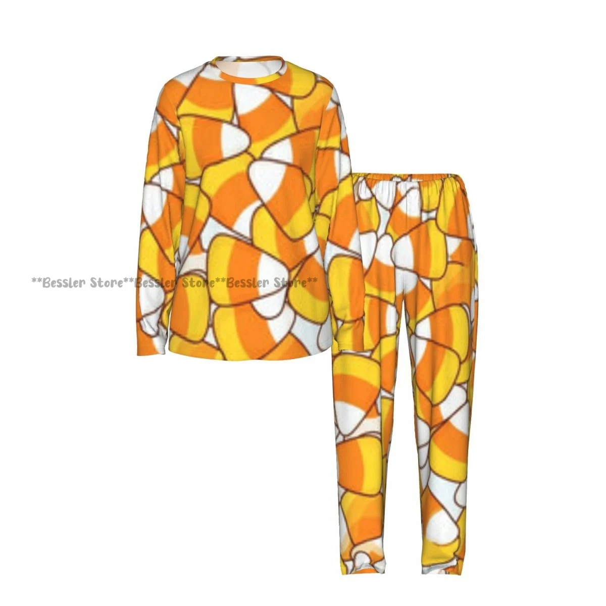 Women Casual Round Neck 2PCS Sleepwear Set Long Sleeve Shirt & Long Pants Candy Corn Daily Home Loungewear