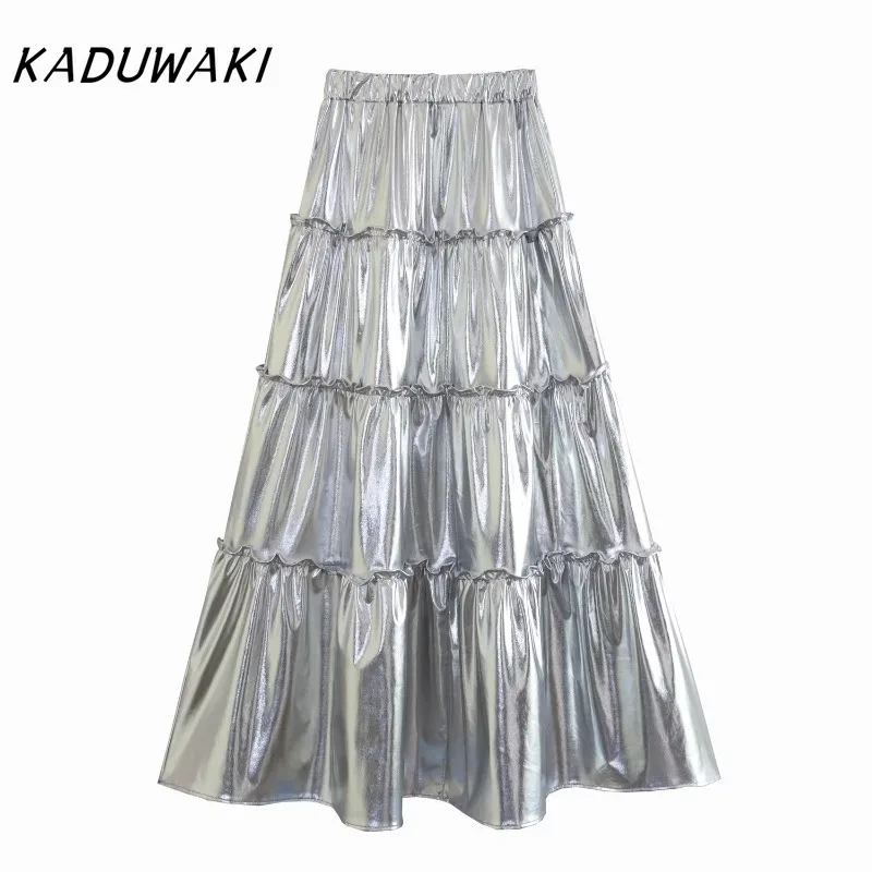 KADUWAKI Spring Women's Cake Skirt Silver Tiered Metallic Pleated Flowy A-Line Midi Skirts Travel Party High Waist Y2K Long Robe