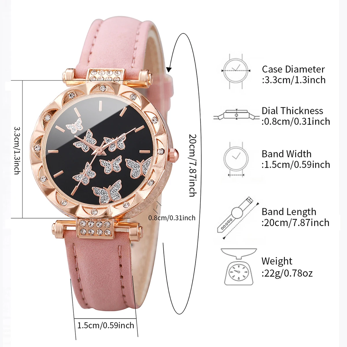 6pcs/set Fashion Butterfly Dial Women Watches Rhinestone Leather Band Quartz Watch Pearls Butterfly Jewelry Set(Without Box)