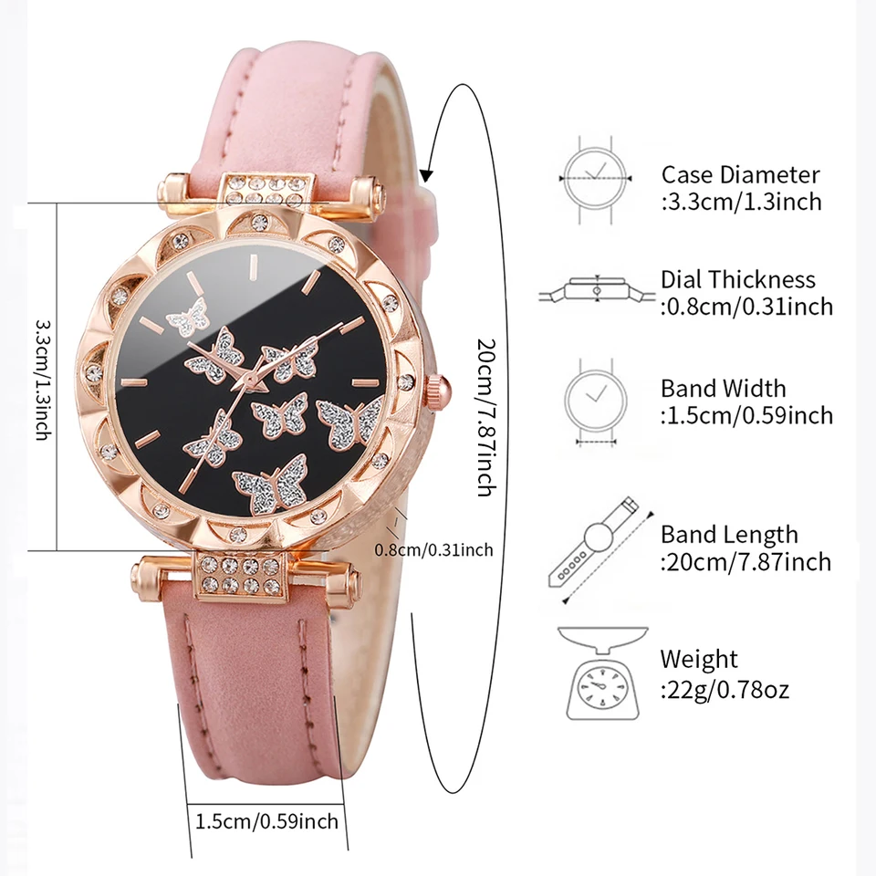 Butterfly Tulips Rhinestone Leather Band Cuff Watch - NEEDS BATTERY Butterfly Luxe Faux Leather Band For Apple Watch Multiple  main image 4