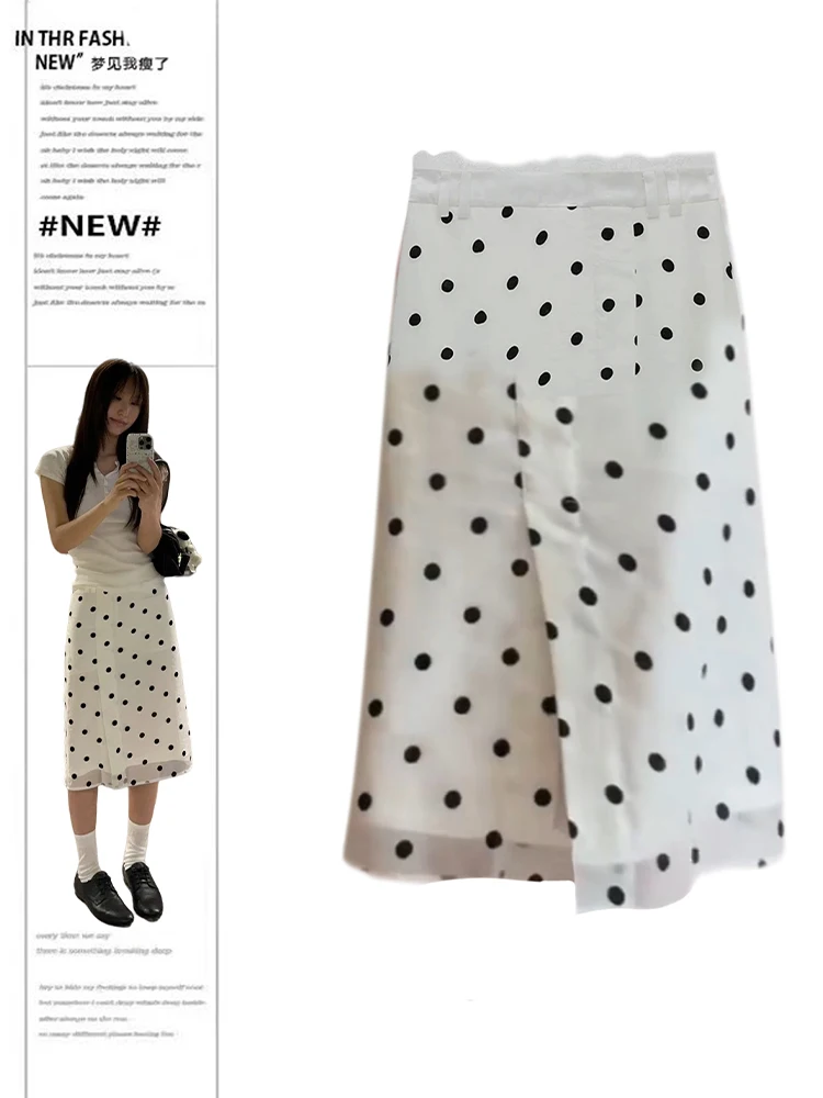 

2025 Autumn Winter Women Korean Fashion 2000s Aesthetic Midi Skirt Polka Dot Slit Preppy Mori Girl Shoujo Design Vintage New In