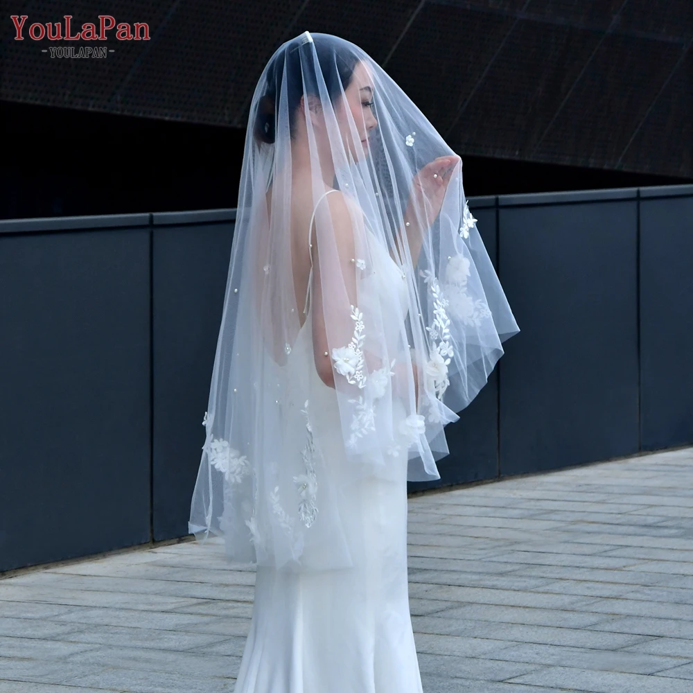 Youlapan V122 웨딩 베일 얼굴 커버 진주 꽃잎 베일 웨딩 신부 베일 3D Organza 꽃 가장자리 팔꿈치 길이 베일