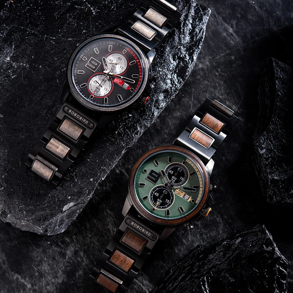 Wood Watch Men BOBOBIRD New Top Luxury Fashion Japanese Quartz Movement Military Style Multi-function Wristwatch Great Gift Box