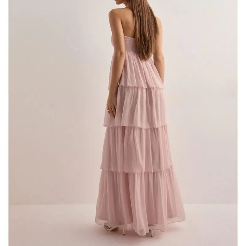 Combhasaki feminino verão elegante sem alças busto torção rendas halter sem costas cintura alta plissado em camadas a linha vestido longo