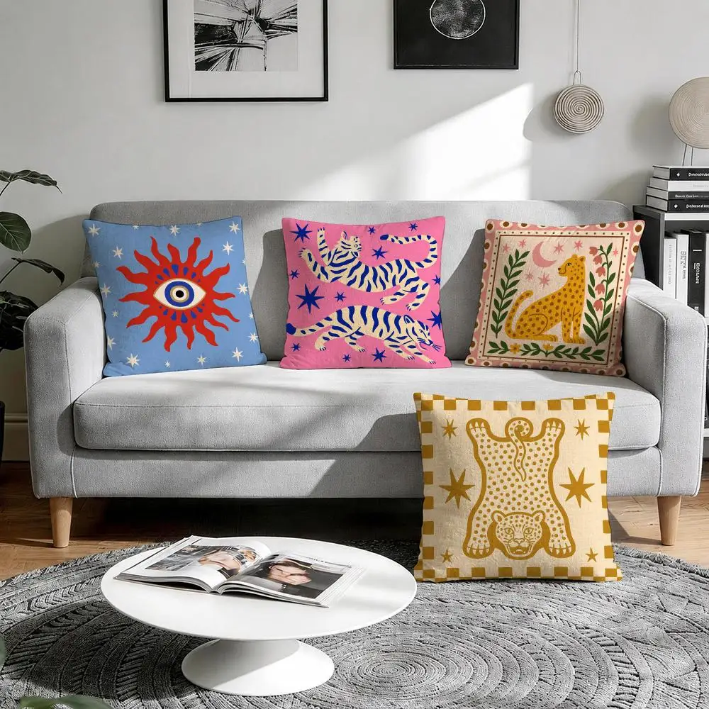 Mystical Leopard Evil Eye Sun Cushion Cover Natural Breathable Durable Linen Printed Decor Pillow Case Sofa Bedroom