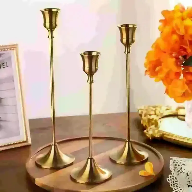 Set Of 3 Gold Taper Candle Holders Modern Metal Candlesticks For Table Centerpiece Wedding & Home Decor