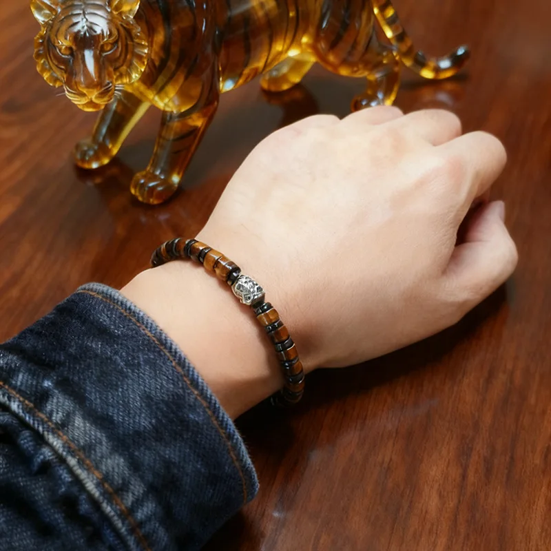 Chinese Style Lucky Natural Yellow Tiger Eye Stone Bracelet Hand Polished Antique Silver Lion Charm Attract Wealth Unisex Multi