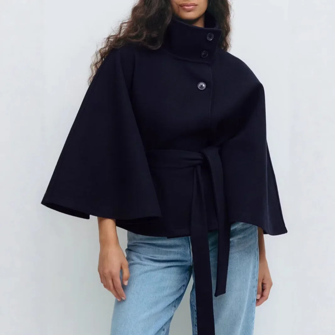 Women's Fashion Solid Color Stand Collar Cape Trench Coat Belted Button Loose Slim Fit Versatile Office Commute Warm Outerwear