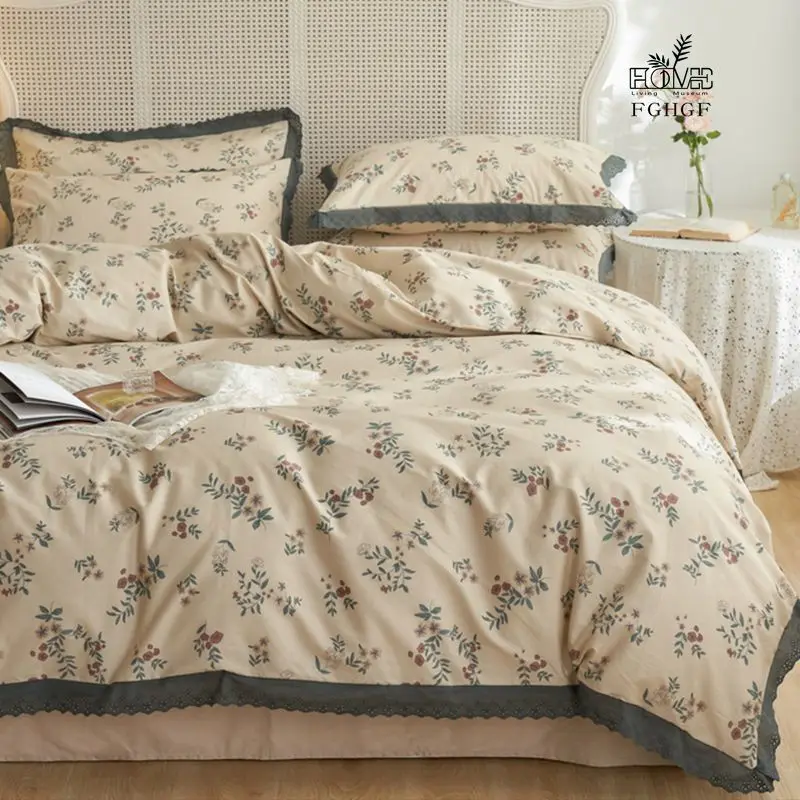 

French floral cotton bed four-piece set pure cotton princess style retro bedding new girl quilt cover sheets