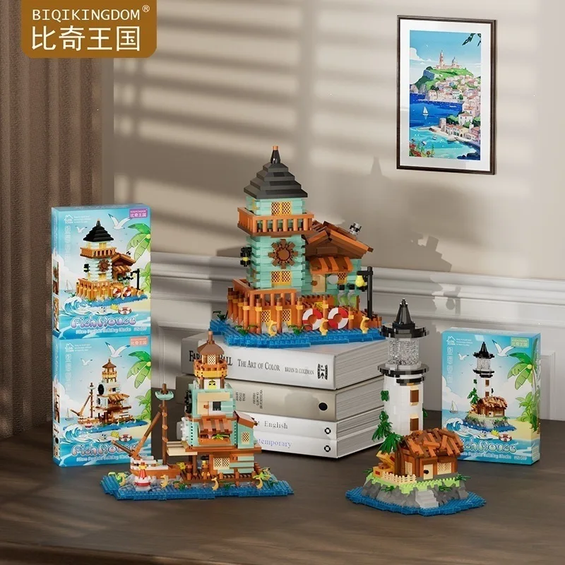 Mini Fishing Village Building Block Log Cabin Street View Assembled Brick Miniature Landscape Model Toys For Kids Christmas Gift