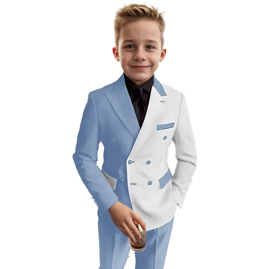 Fashionable Boys\' Suit Double-Breasted Slim Fit Peak Lapel Blazer Two Piece Set Business Tuxedos Piano Performance Costumes