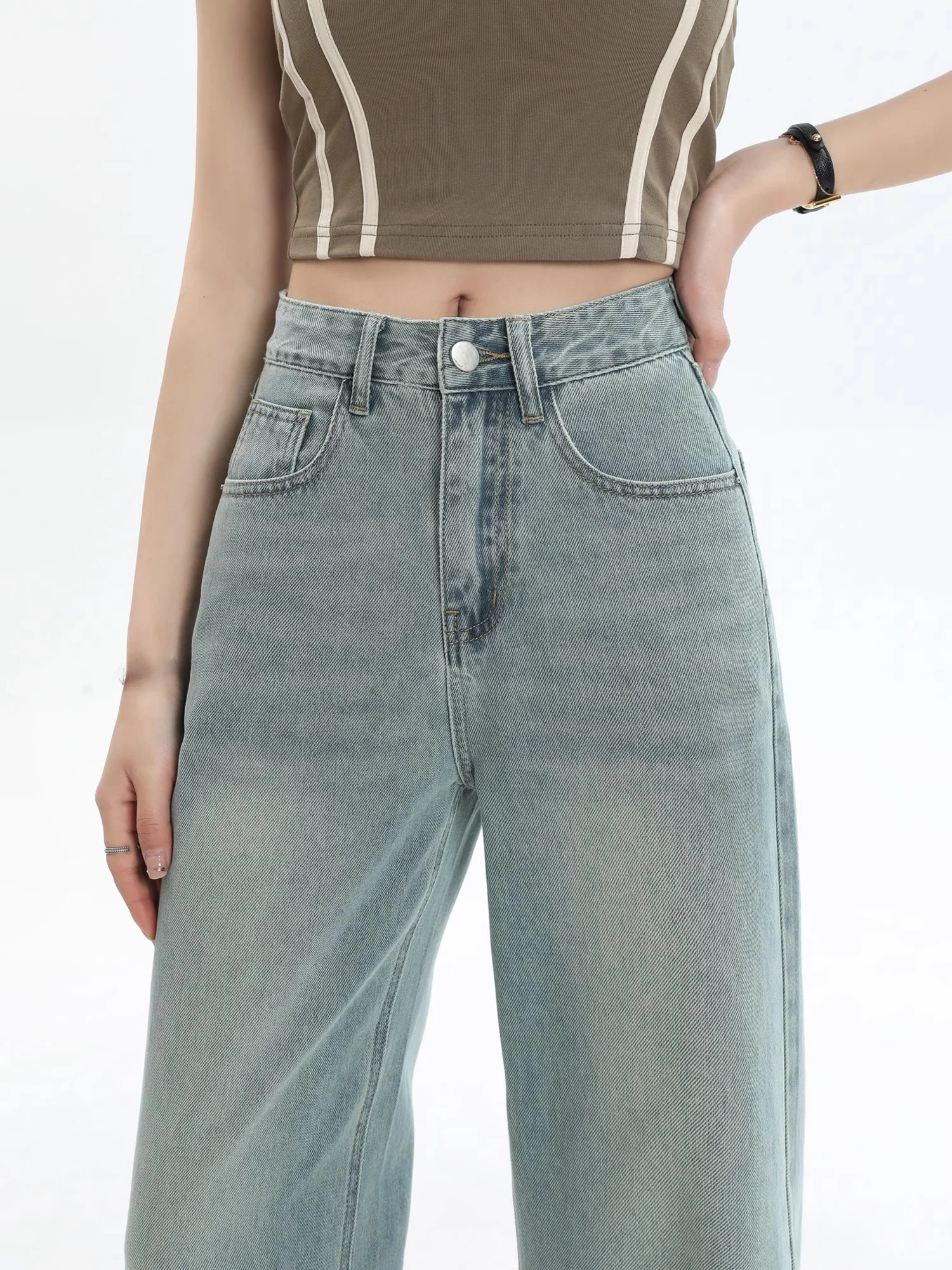 

American Style High Waist Draped Wide Leg Jeans Women's Loose Straight Floor-Length Pants Summer Slimming Casual Cotton Blend