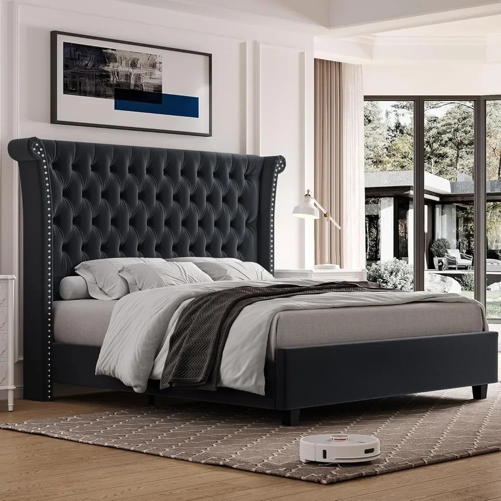 Sda80bf93c2674994b2b29778ea617f3fP Queen Size Plush Velvet Bed Frame with Tufted Wingback Headboard