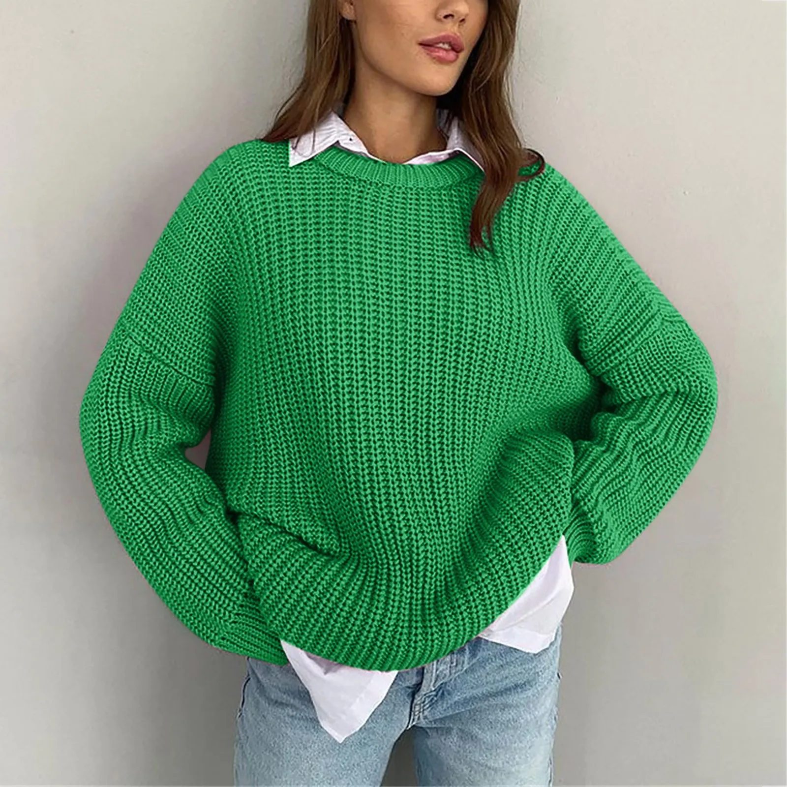 Suéter de cachemira para mujer, jerseys holgados con cuello redondo y manga de murciélago, blusa gruesa de punto, Tops informales, otoño e invierno, 2023