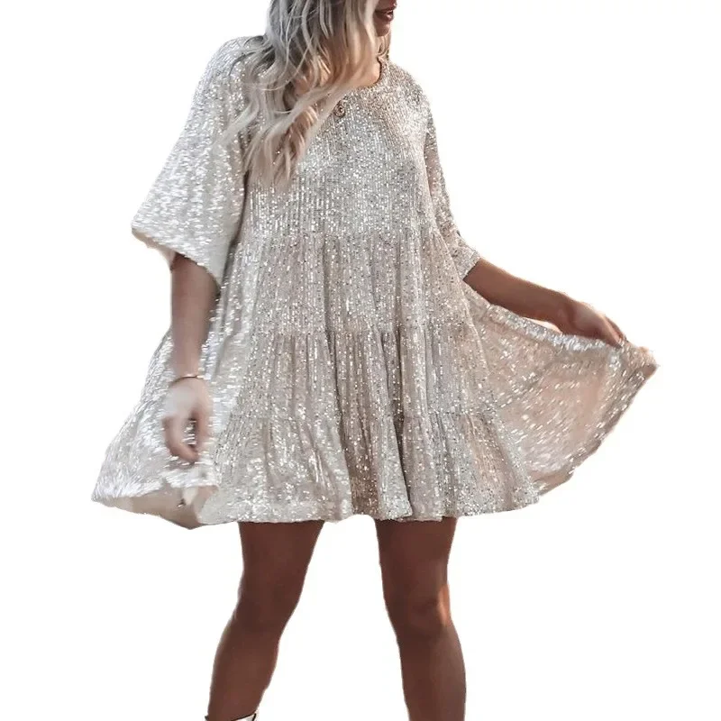 Zomer nieuwe dameskleding high-end mode glitter vrouwen vestidos ronde hals losse vrouwelijke Franse avondjurk feestjurken