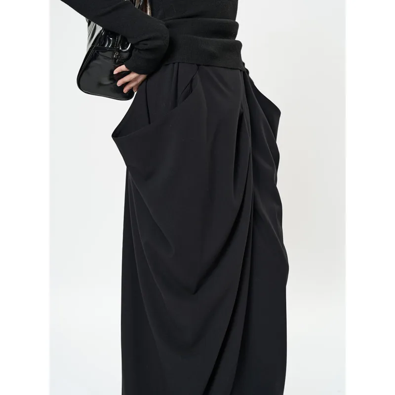 High Waist Black Skirt Pleated Shaped Irregular Elegant Long Half-body Skirt Women Fashion Tide New Spring Autumn 2025
