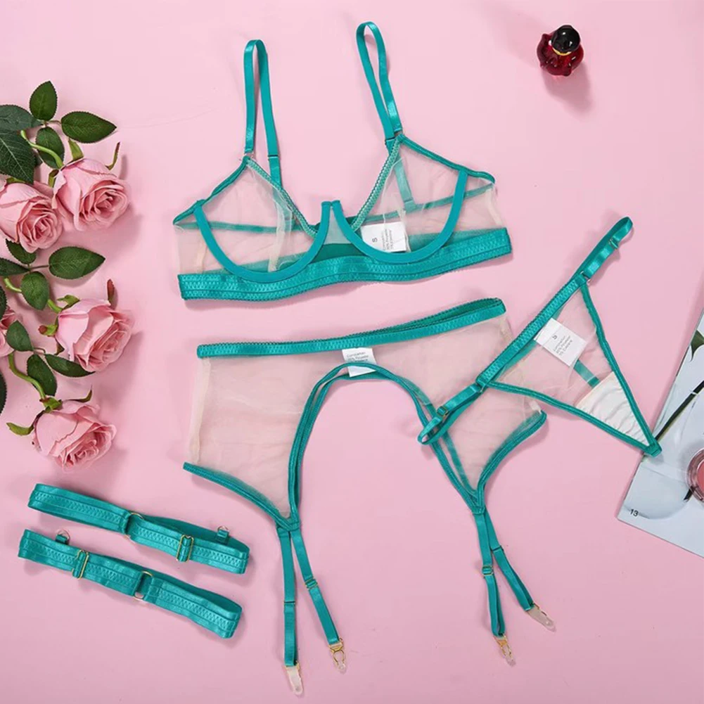 Sexy Lingerie Set For Women 3 Piece Neon Color Mesh Underwear Set Transprent Hollow Breath Bra T-back Bikini Panty Garter Set - Image 4