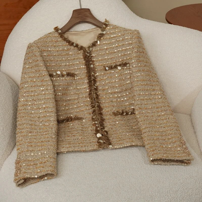 High Quality Luxury Fragrance Wool Blend Shiny Jacket Women Fashion Round Neck Long Sleeve French Elegant Lady Tweed Jacket