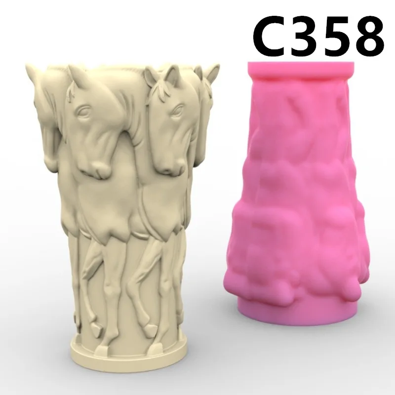 

C358 Six Horse Relief Vase Silicone Mold Scented Stone Ornaments Homemade Ashtray Flower Pot Pen Holder Handicraft Gift Homemade