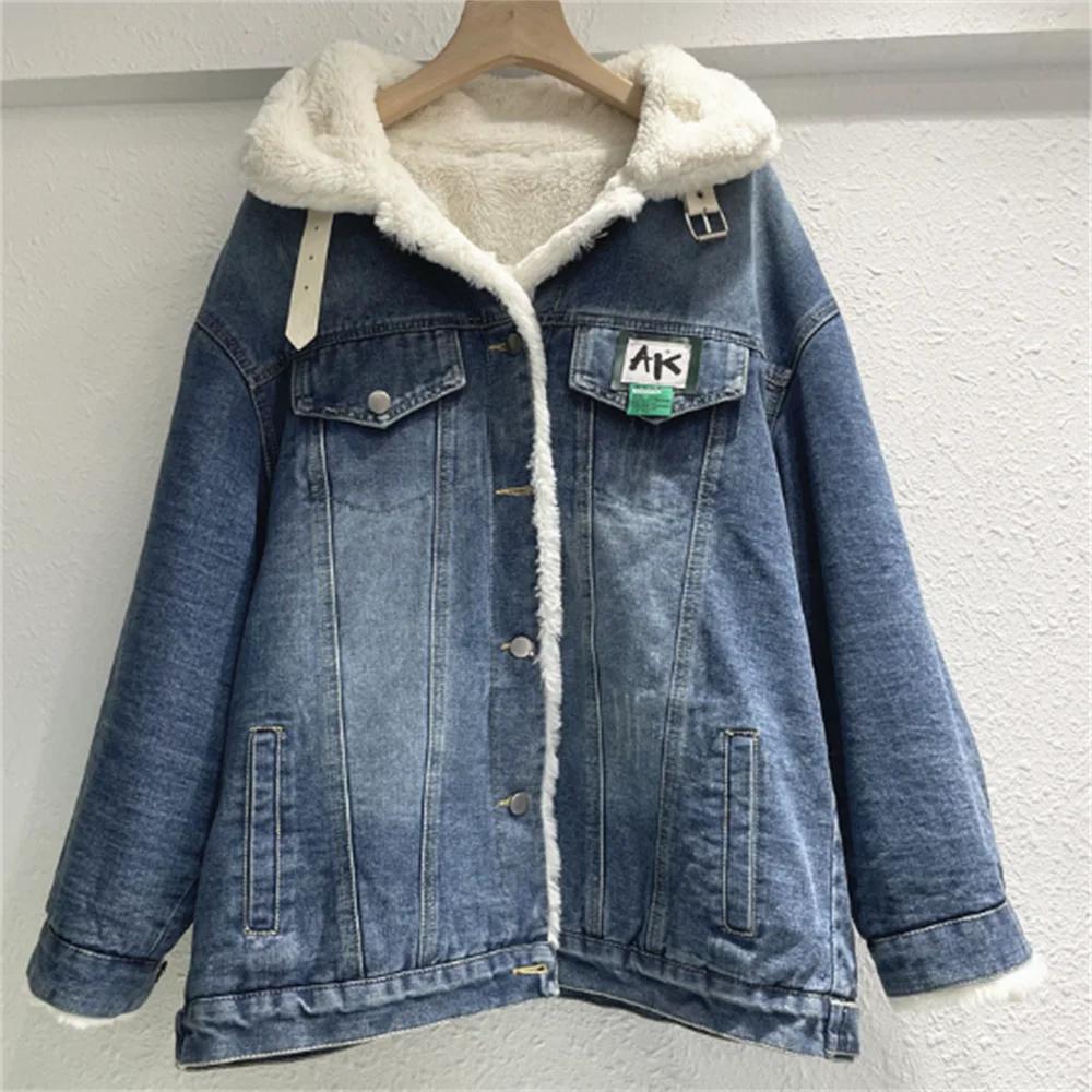 

new winter plush thickened denim coat women rabbit hair lamb wool cotton clothing tide