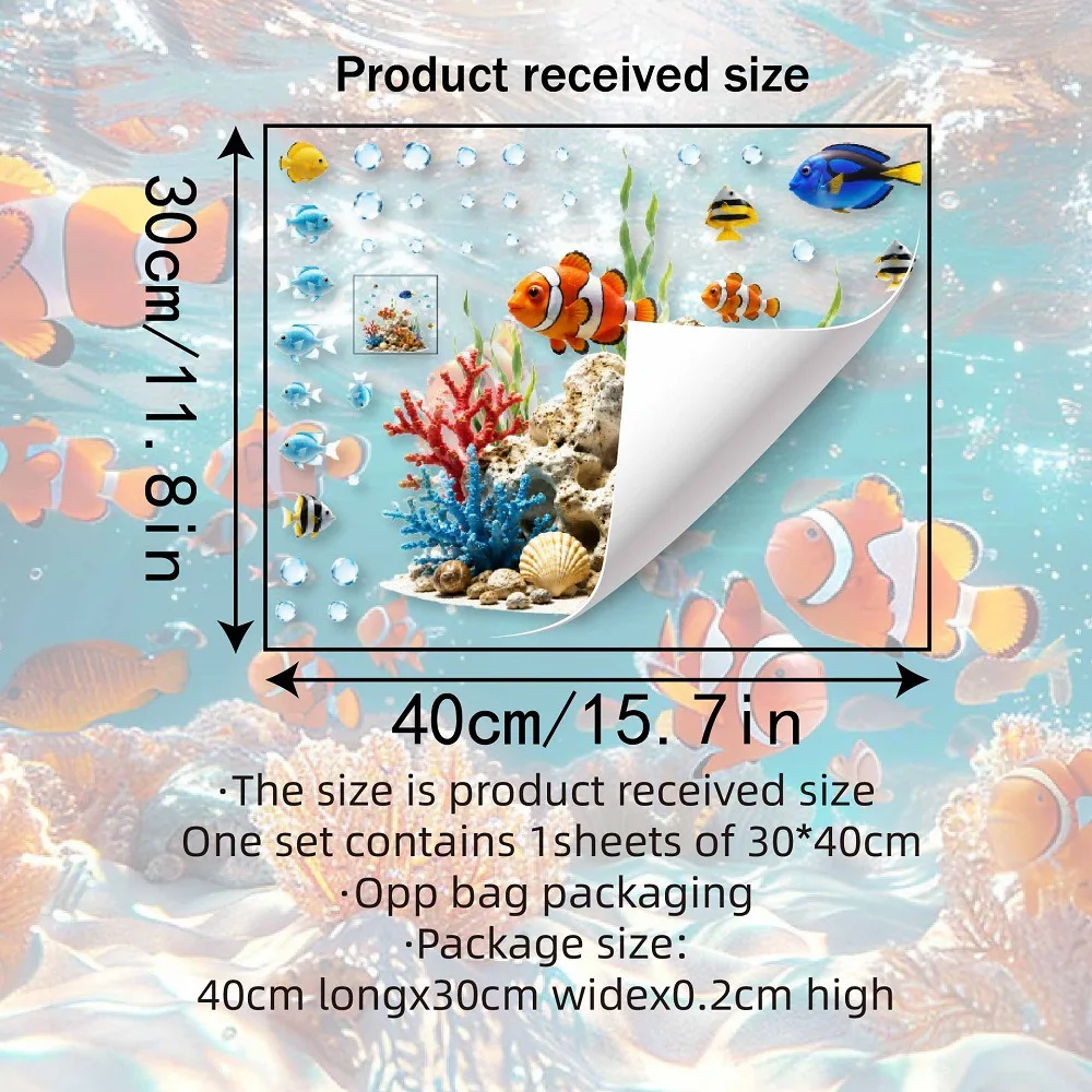 1Pc Cartoon Underwater World Themed Glass Decals Electricity Sticker Suitable for Decorating Bathroom Kids' Room Glass Tiles