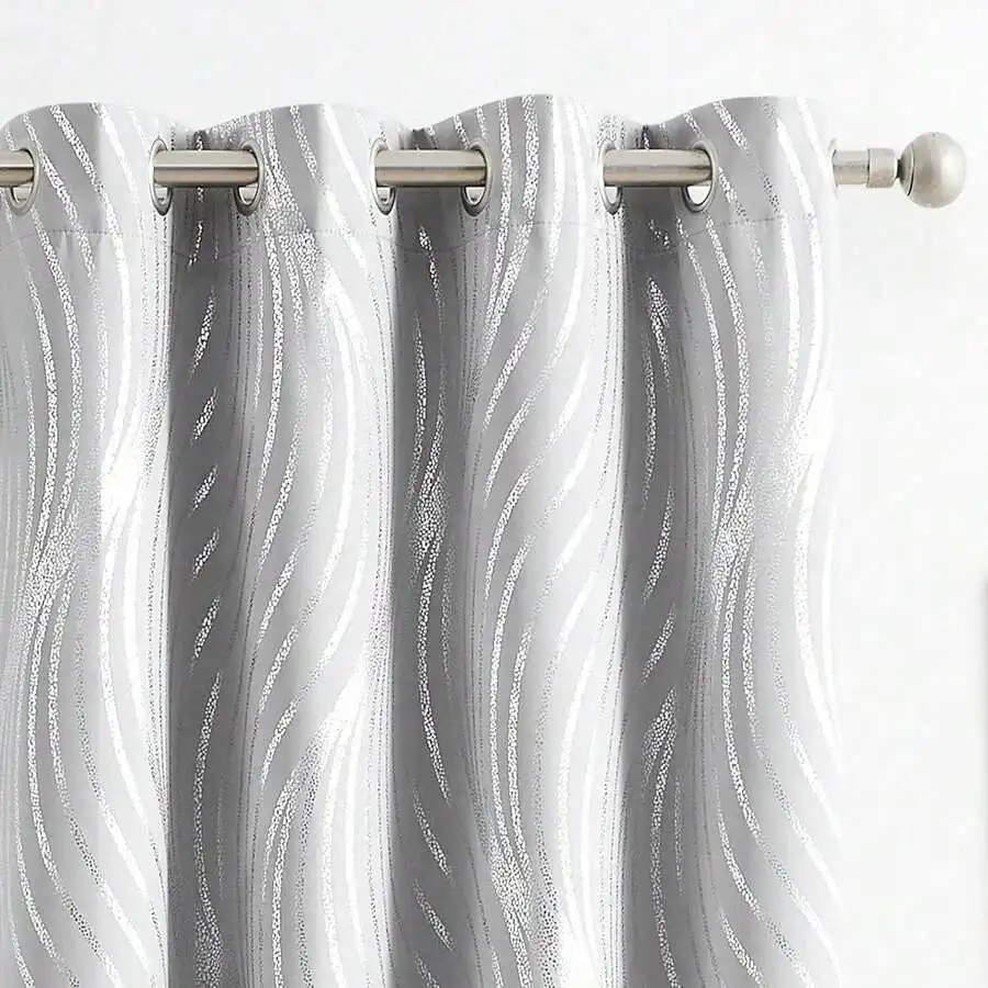 Blackout Curtains Grey Silver Wave Print Grommet Drapes For Living Room Bedroom Thermal Insulated 2 Panel Set