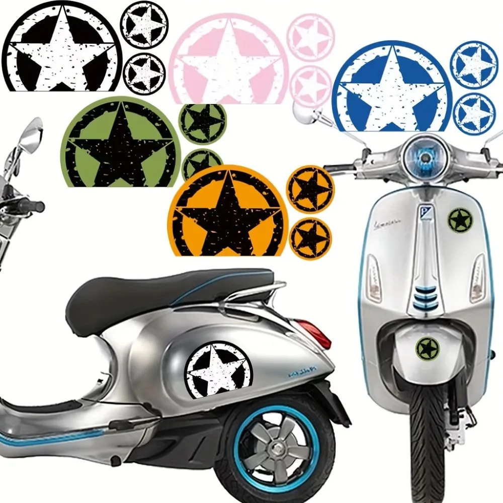 1 SET 6 Stück Distressed Star Circle Aufkleber, wasserfester Vinyl-Aufkleber, mehrfarbig, für Roller, Motorrad, Auto, Laptop