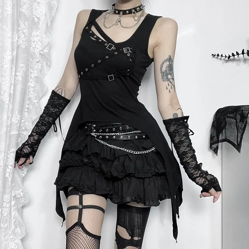 

Casual Dark Gothic Solid Color Tanks Spring Summer Irregular Tops Female Clothing Slim Waist Fashion Bandage Spliced Basic Camis