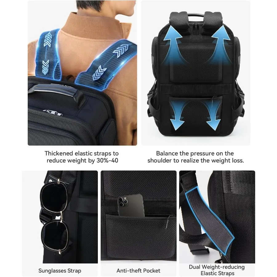 حقيبة ظهر للكمبيوتر المحمول للأعمال للرجال، حقيبة ظهر للسفر تناسب مقاس 16 بوصة، حقائب نهارية كاجوال للكمبيوتر، منفذ شحن USB للمياه