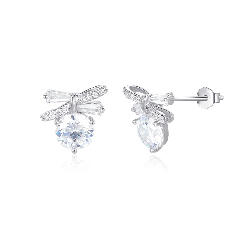 

TKJ 925 Sterling Silver Earring Sparkling Cubic Zirconia Bowknot Ear Studs Jewelry for Women Wedding Cocktail Party Fine Jewelry