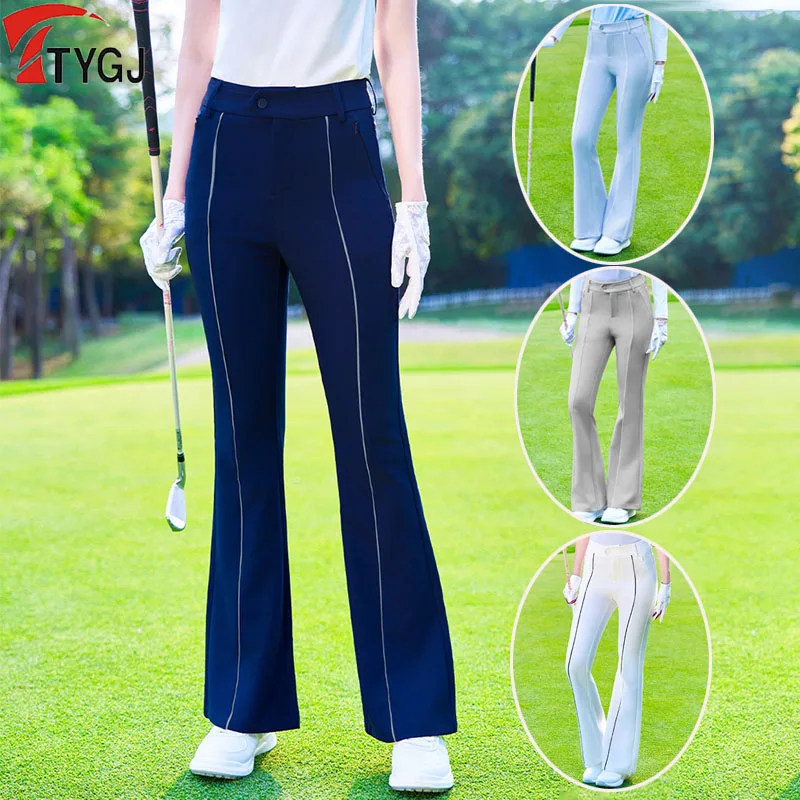 TTYGJ Women Slim Golf Pants Striped Flared Long Pants with Zipper Pocket Ladies Elastic High Waist Sports Trousers XS-XL