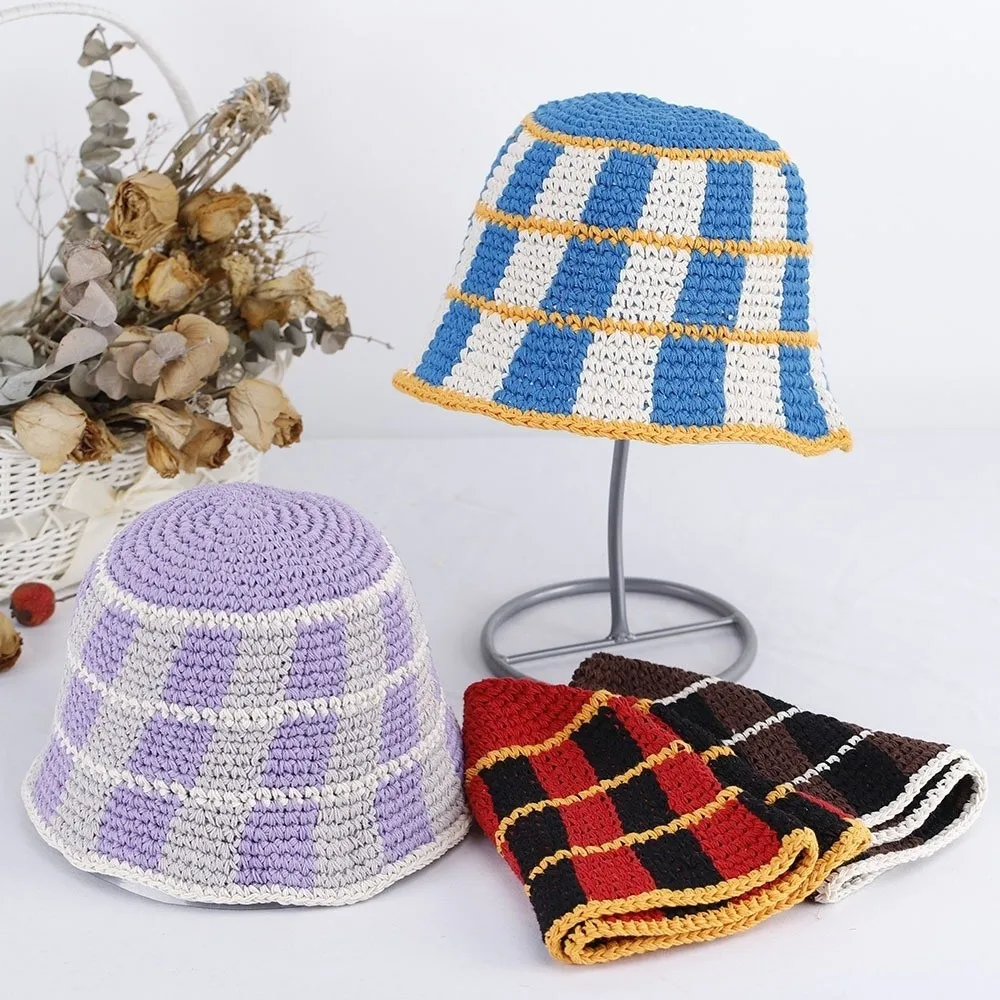 Casual Crochet Striped Bucket Hat Knitted Thermal Cold Cap Wool Korean Style Panama Hat Beach