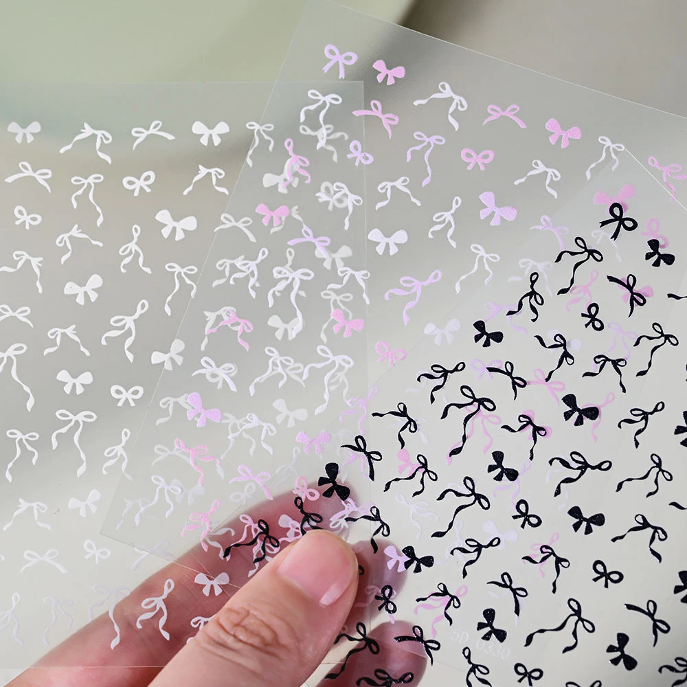 1Pc 5D Mini Black White Ribbon Bows Nail Stickers, Multi Styles Bowknot Ribbon Decals Self Adhesive Sliders Manicure Decorations