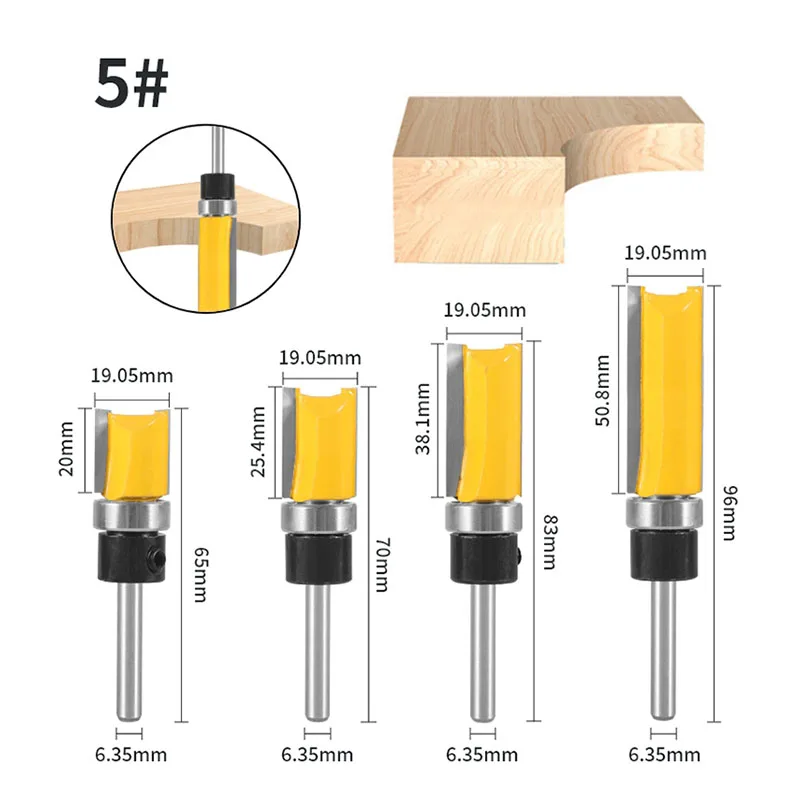 1pc/4pcs 6.35mm Shank Pattern Flush Trim Router Bit Set Template Router Bits 3/4 inch Cutting Dia Woodworking Router Tool