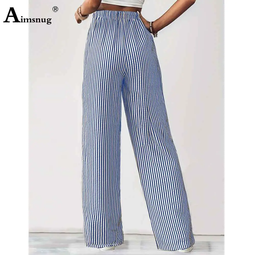 2025 Women Elegant Fashion Striped Penicl Pants Female Stand Pocket Board Trousers New Summer Elastic Waist Straight Beach Pants