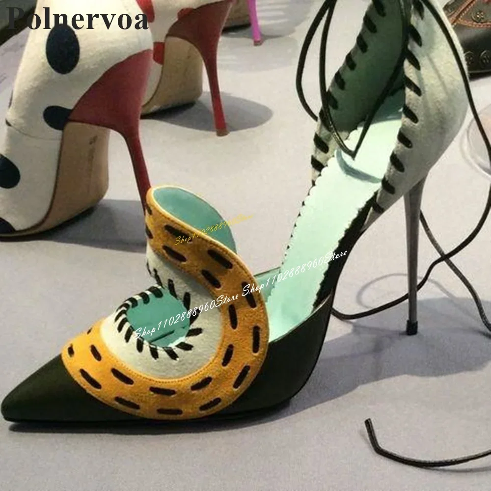 Trendy Mixed Color String Decoration Sandals Thin High Heel Women Shoes Lace Up Pointed Toe 2024 Fashion Zapatos Para Mujere