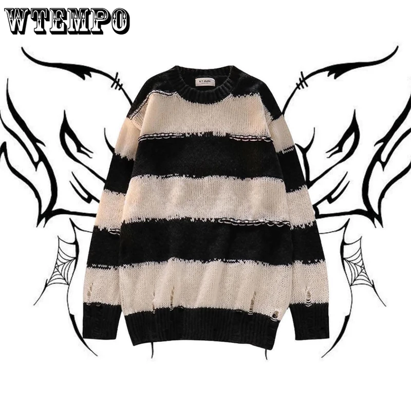 Striped Loose Sweater Knit Pullover Women Long Sleeve Top Hole Gothic American Street Style Korean Fashion Jumper Vintage Autumn