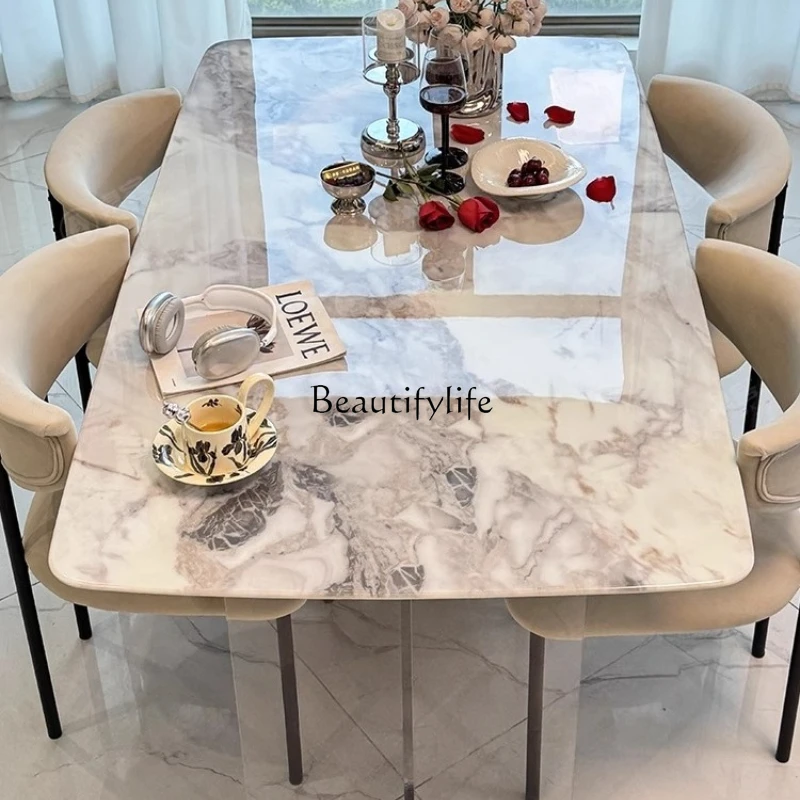 

Light Luxury Acrylic Floating Marble Dining Table and Chairs High-end Rectangular Luxury Stone Table