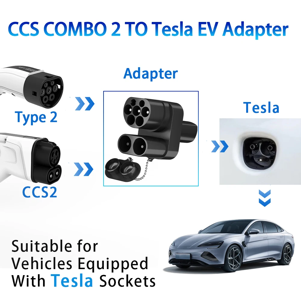 محول التيار المتناوب + تيار مستمر CCS2 إلى تسلا 250KW 250A CCS كومبو 2 ومحول Type2 إلى شاحن NACS لمحول موصل تسلا موديل 3/Y/S/X