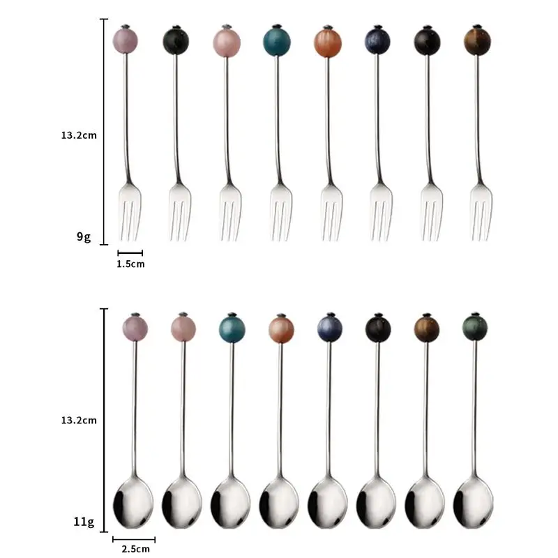 2 Pack Dessert Spoon and Fork Set 304 Stainless Steel Ice Cream Spoon with Acrylic Bead Fruit Pastry Fork Home Kitchen Tableware