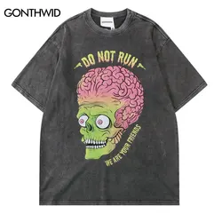 Men Punk T-Shirt Hip Hop Funny Brain Zombie Print Distressed Punk Gothic Tee Shirts Streetwear 2023 Harajuku Casual T Shirt Top