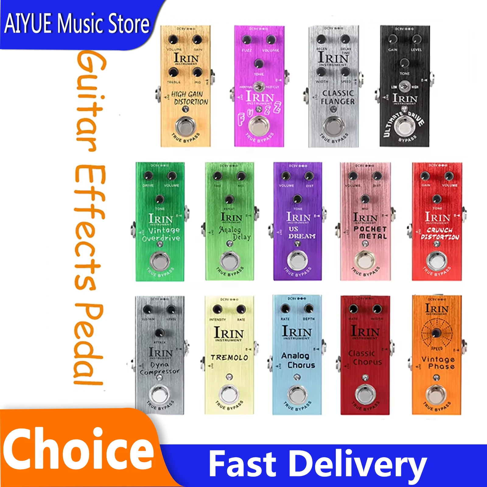 Pedal de Efeitos para Guitarra Elétrica IRIN: Crunch, Delay Analógico, Distorção, Overdrive Vintage, US Dream, Chorus Clássico - True Bypass