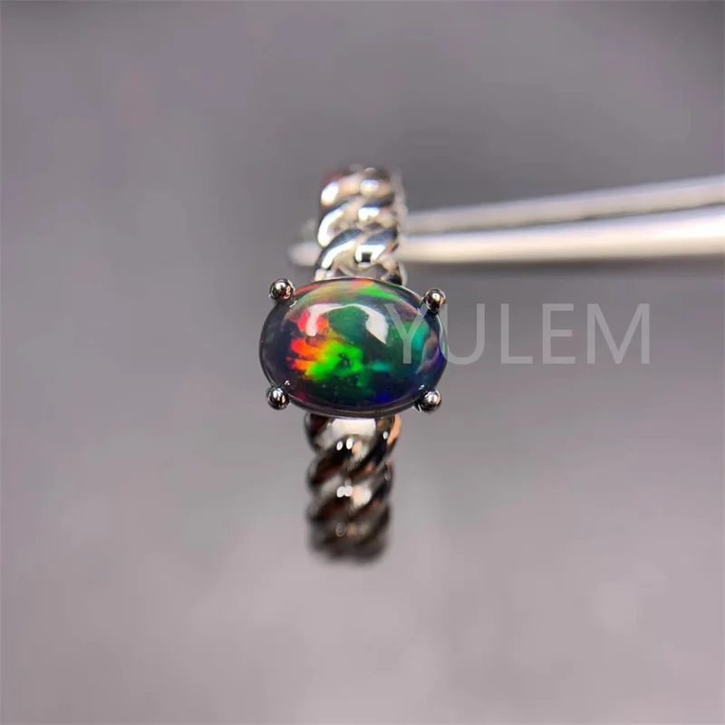 YULEM Brilliant Black Natural Opal Ring 6mm*8mm Natural Opal 925 Silver Ring 18K Gold Plating Gemstone Jewelry