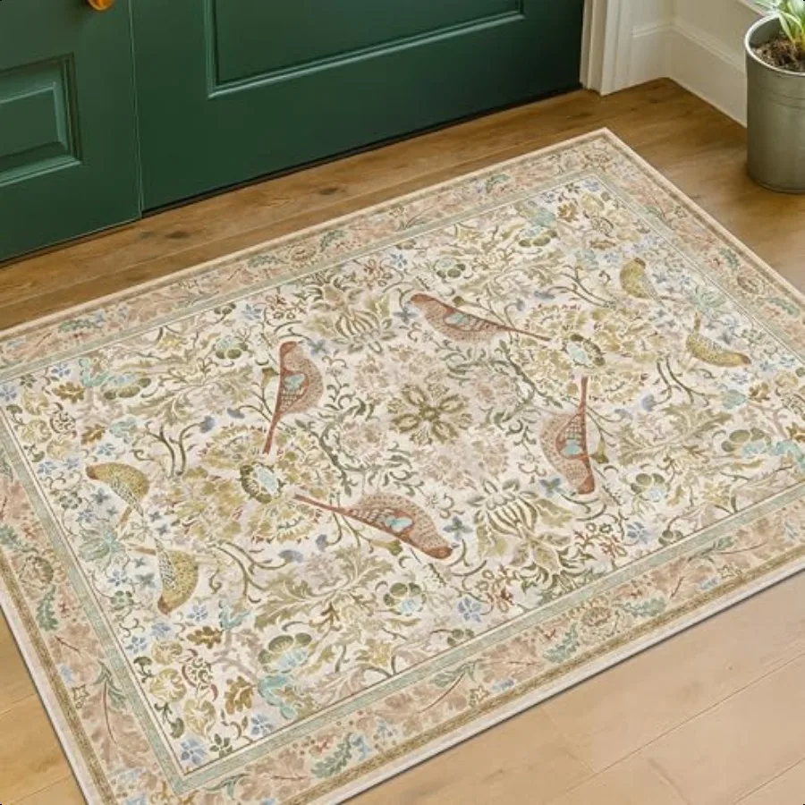 

Beige Boho Bathroom Rugs 2x3 Washable Non Slip Soft Low Pile Small Throw Rug for Entryway Kitchen Powder Room Farmhouse Bird P