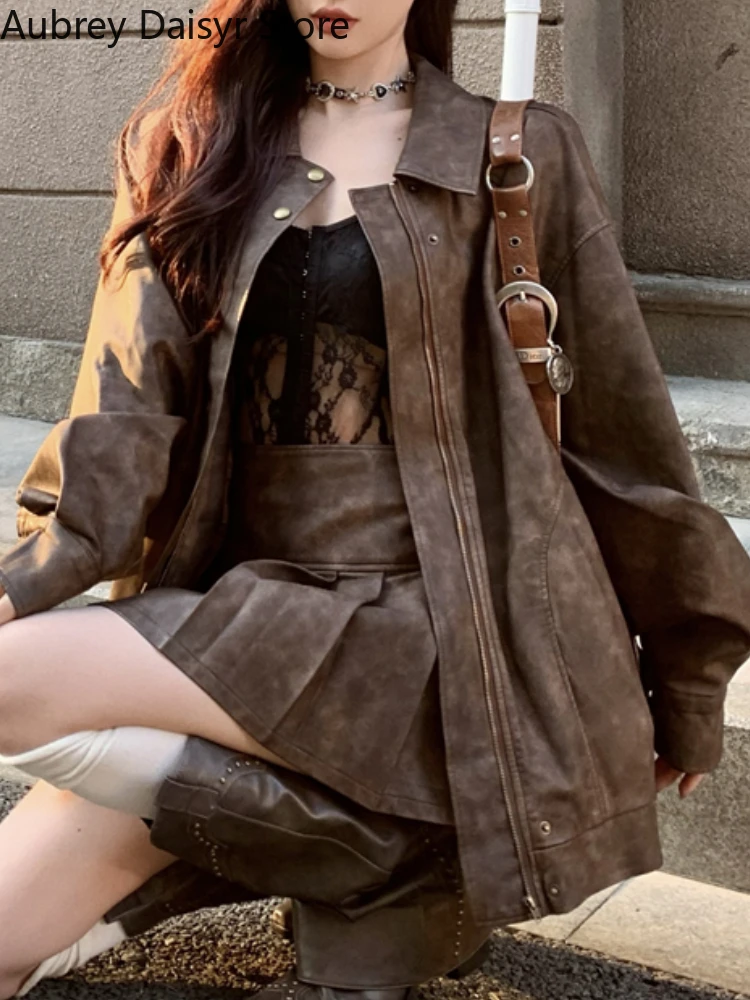 Punk Fashion Trench Leather Jacket Women Streetwear Moto Biker Zipper Leather Jacket Winter Vintage High Street Leather Coat New