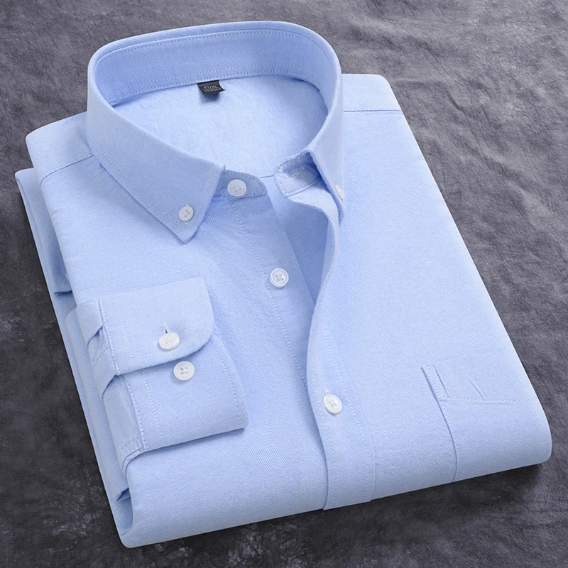 Spring New Men Oxford Shirt Long Sleeve Casual Solid Color Autumn Business Formal Stripe Plaid Slim Fit 100% Cotton Man Clothes