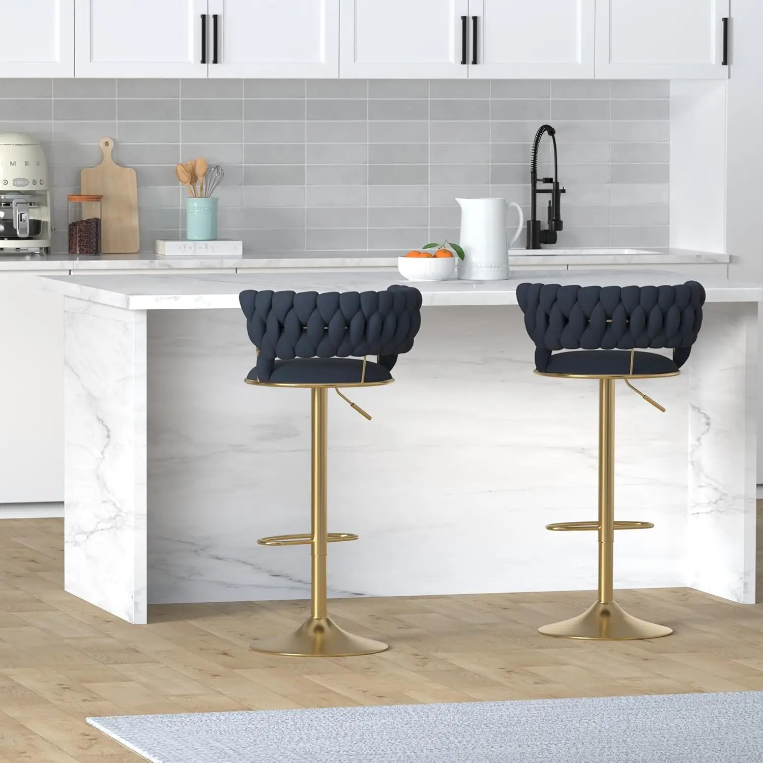 Velvet Swivel Bar Stools Set of 2 Adjustable Counter Height Woven Back Kitchen Dining Chairs, Customized